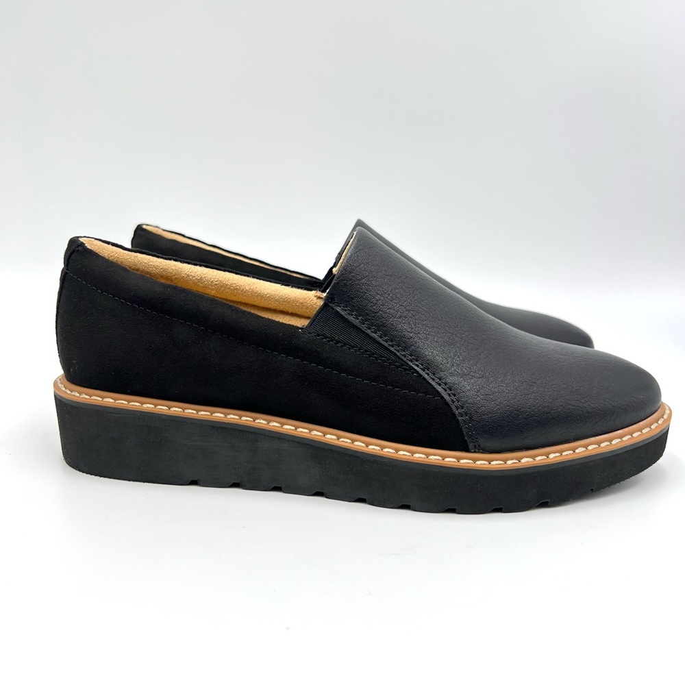 6W 6 WIDE Naturalizer Effie Black Faux Leather Microsuede Wedge Loafers Shoes